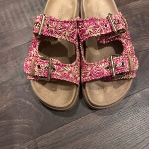 Pink and Tan Embroidered Sandals